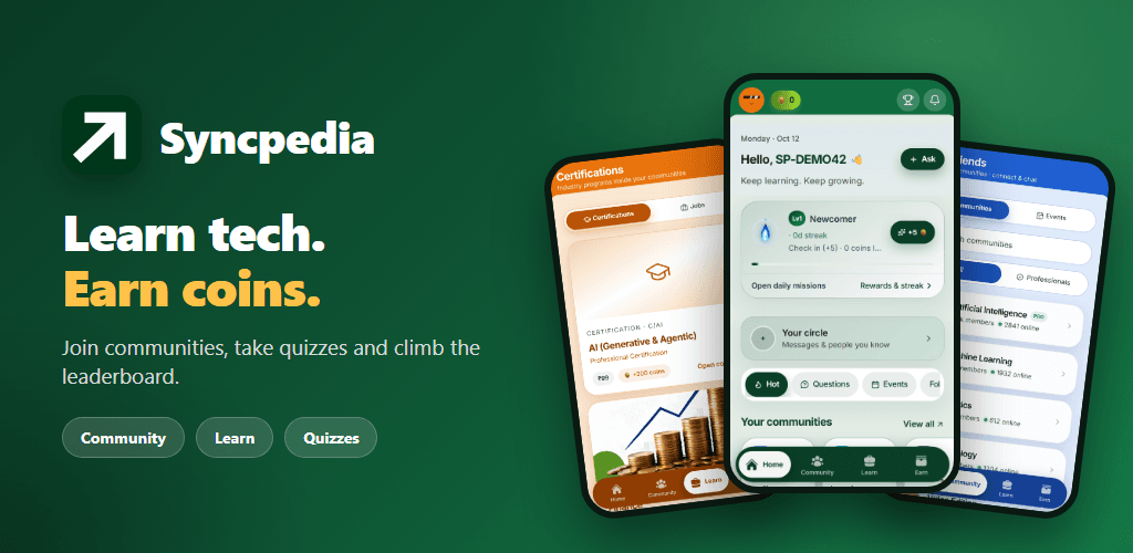 Syncpedia Android app on three phones: communities, learning, and quizzes