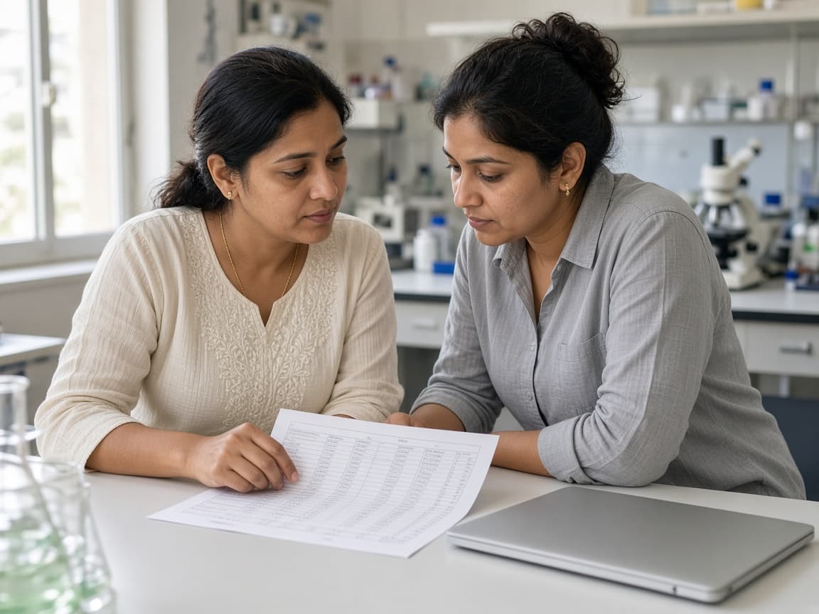 Two people reviewing a printed data table
