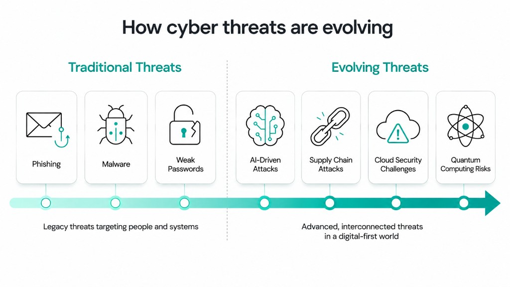 Infographic: traditional threats like phishing and malware evolving into AI-driven, supply chain, cloud, and quantum risks